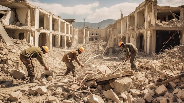 Robotnicy sprzątający gruz miasta lub miasteczka zniszczonego wojną