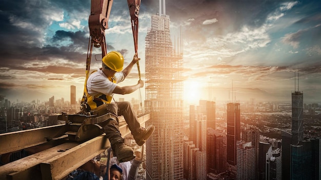 robotnik budowlany wiszący na linie nad miastem