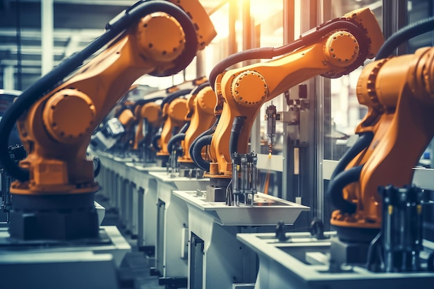 Roboty na linii produkcyjnej w fabryce