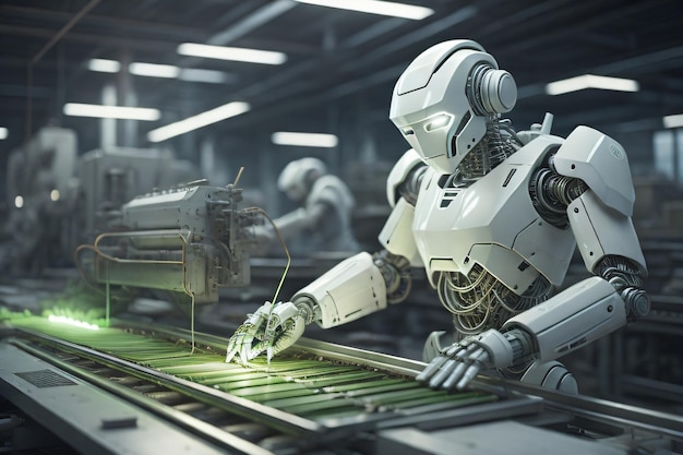 Roboty pracujące na maszynie w fabryce