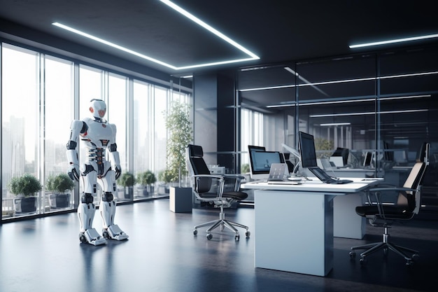 Roboty pracujące w biurze i z wieloma komputerami generatywnymi ai