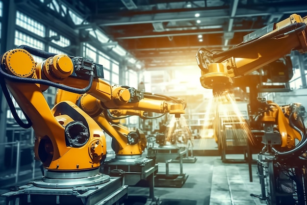 Roboty przemysłowe w fabryce ze słowem robot na przodzie