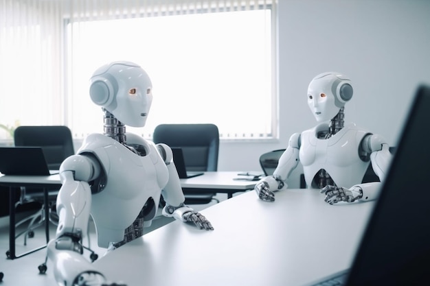 Roboty siedzi przy biurku w biurze