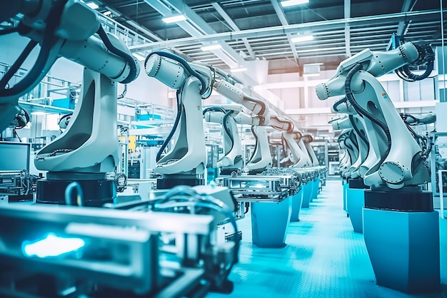 Roboty w fabryce z niebieskimi światłami