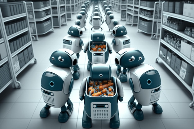 Roboty w futurystycznym supermarkecie z półkami z ramionami robotów i humanoidalnym robotem pomagającym klientom przy kasie Generacyjna sztuczna inteligencja