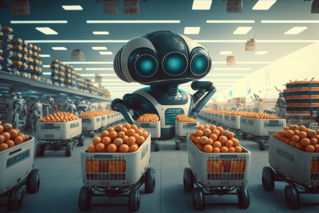 Roboty w futurystycznym supermarkecie z półkami z ramionami robotów i humanoidalnym robotem pomagającym klientom przy kasie Generacyjna sztuczna inteligencja