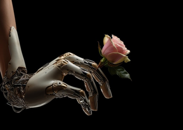 Robotyczna dłoń AI delikatnie malująca płótno ilustrujące zbieżność technologii i sztuki