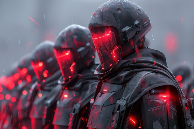Robotyczne rycerze z holograficznymi tarczami i laserowymi mieczami futurystyczny średniowieczny ar 32 stylizuj 750 Job ID 9e9eef557b0740c39025fb9bc9b9257b