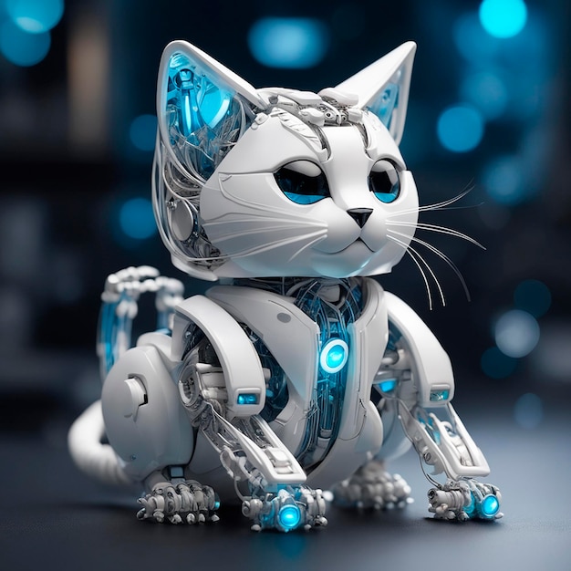 Robotyczny kotek wykonany z białego plastiku na niebieskim tle z efektem bokeh