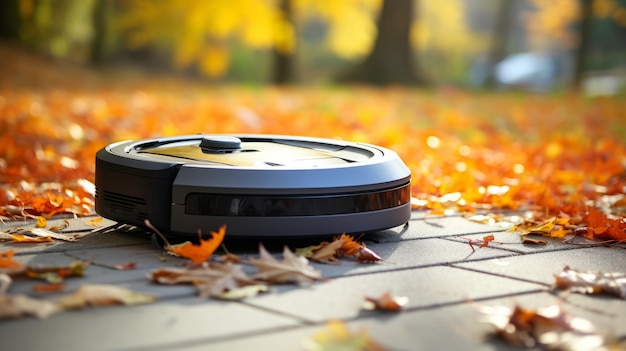 Zdjęcie robotyczny odkurzacz czyści podłogę opadłymi jesiennymi liśćmi w parku