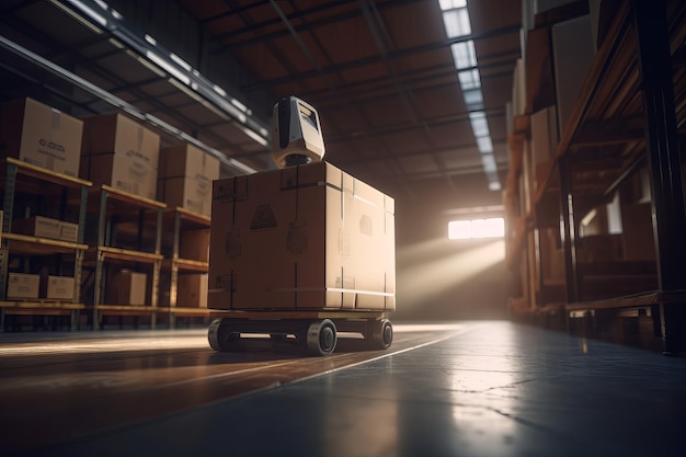 Robotyka dostarczająca kartony Pudła w magazynie Dystrybucyjne centrum logistyczne Generative Ai