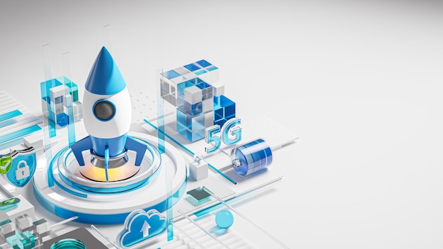 Zdjęcie rocket ship startup launch technology icon szkło blue banner copyspace 3d render