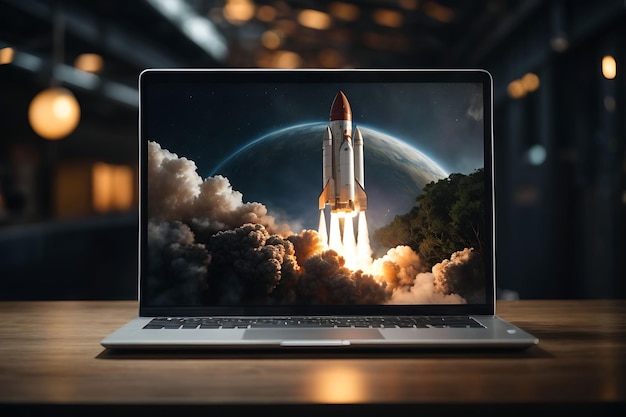 Zdjęcie rocket wychodzący z ekranu laptopa innowacyjność i kreatywność tło koncepcji