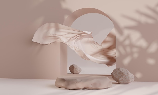 Rockowe podium z tkaniną latającą w powietrzu na ziemi kolor tła do prezentacji produktu Naturalne piękno piedestału 3d ilustracjax9