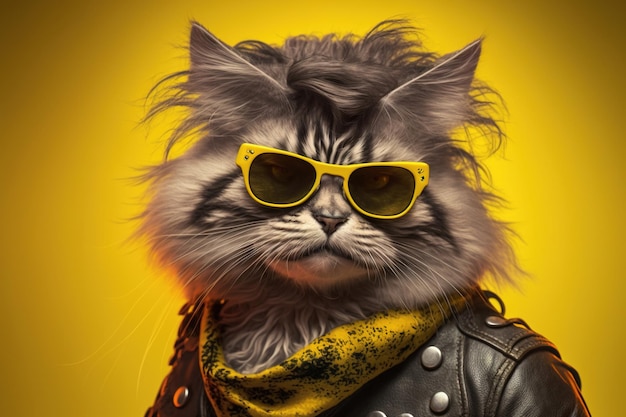 Rockowy kot portret w żółtych okularach przeciwsłonecznych i skórzanej kurtce Na żółtym tle
