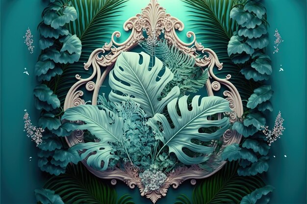 Zdjęcie rococo zaprojektowana owalna dekoracja z egzotyczną dżunglą i roślinami tropikalnymi