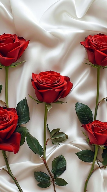 Rocznicowa elegancja czerwonych róż na tle białego satynowego materiału Pionowa tapeta mobilna