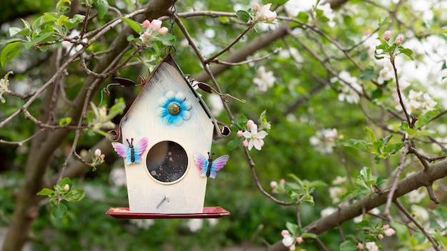 Zdjęcie rocznika birdhouse na ścianie kwitnie jabłoń. ściana sprężynowa