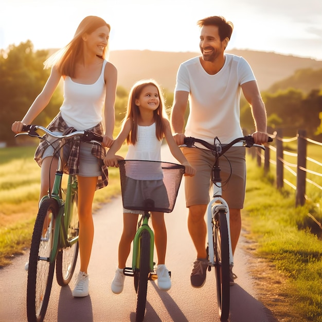 Rodzice i córka jeżdżą rowerem po wiejskiej drodze.
