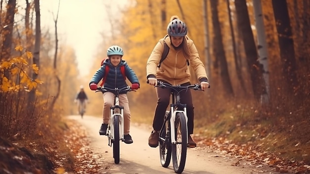 rodzice i dzieci jeżdżą na rowerze leśnym szlakiem młoda rodzina