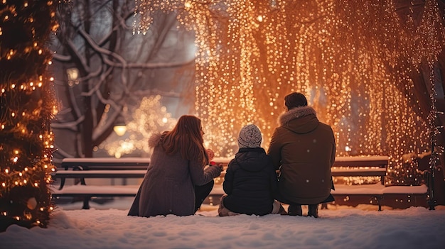 Rodzice rodzinni i dzieci w pięknym ogrodzie zimowym z lampkami bożonarodzeniowymi na drzewach wieczorem