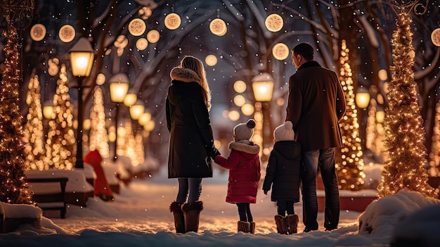 Rodzice rodzinni i dzieci w pięknym ogrodzie zimowym z lampkami bożonarodzeniowymi na drzewach wieczorem