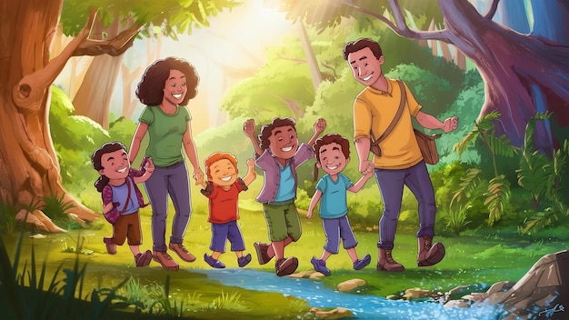 Rodzice z dziećmi na spacerze po lesie