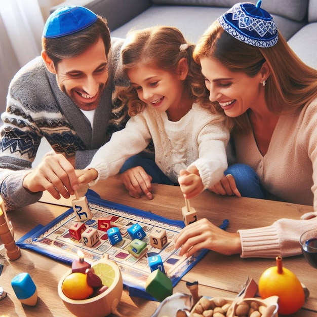 Rodzina bawiąca się dreidelem podczas uroczystości Hanukkah Święto Hanukkah Dzień Hanukkah