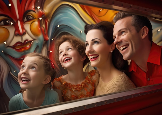 Zdjęcie rodzina ciesząca się lustrem w wesołym miasteczku podczas karnawału
