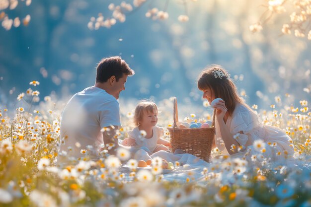 Rodzina ciesząca się wielkanocnym piknikiem na kwitnącej łące Miejsce na tekstową kartkę wielkanocną