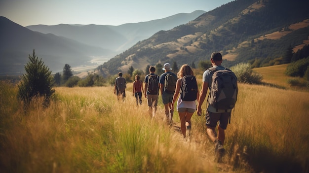 Zdjęcie rodzina i grupa przyjaciół spacerują razem w górach generative ai