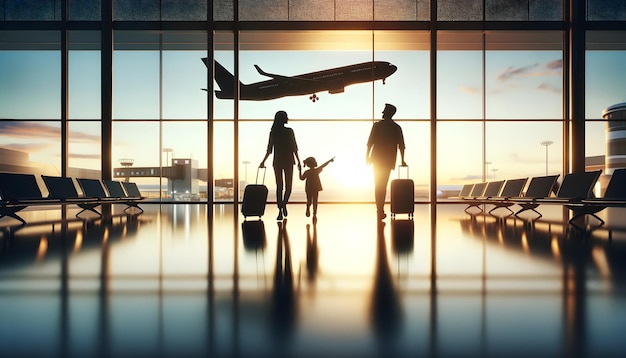 Rodzina idzie na lotnisku, dziecko wskazuje, że samolot startuje o wschodzie słońca.