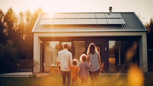 Rodzina idzie przed domem z panelami słonecznymi na dachu.
