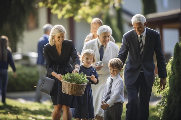 Rodzina idzie przez park z koszem pełnym warzyw.