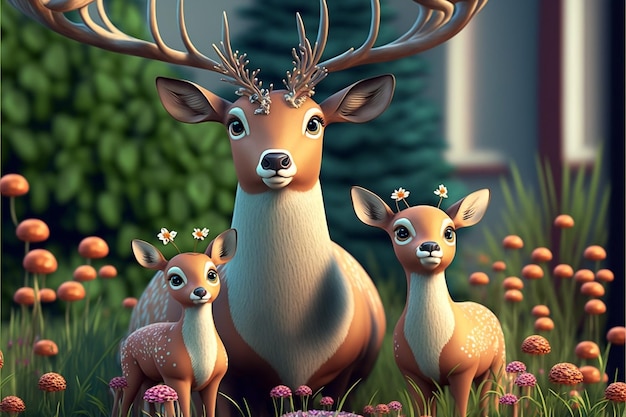 Rodzina jeleni z matką i jej dwoma małymi jeleniami