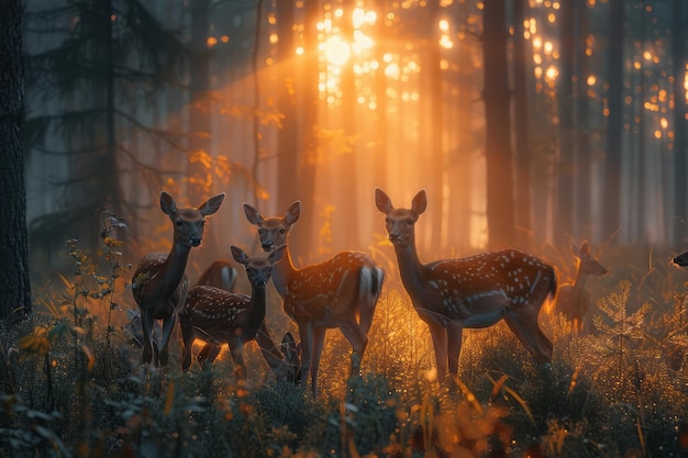 Zdjęcie rodzina jelenia pasząca się w mglistym lesie oczyszczając o świcie oddech widoczny w chłodnym powietrzu
