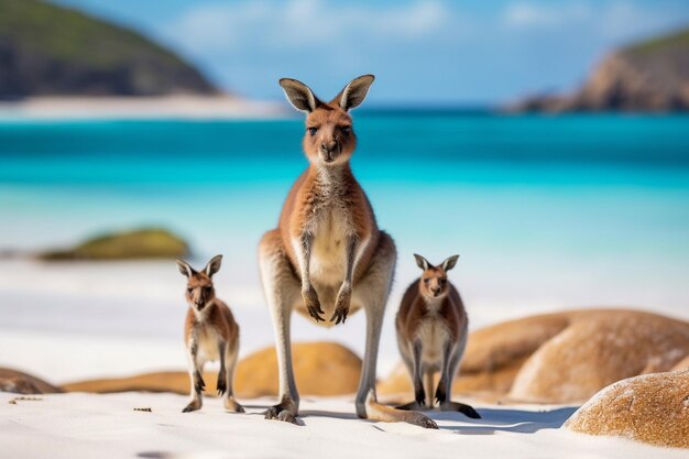 Zdjęcie rodzina kangurów na plaży lucky bay w australii