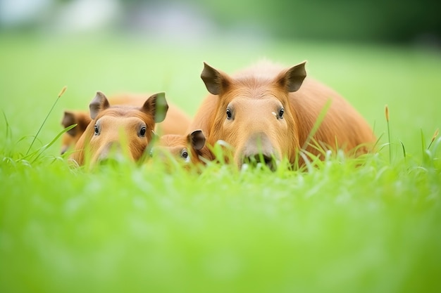 Rodzina kapibarów w bujnej zielonej trawie