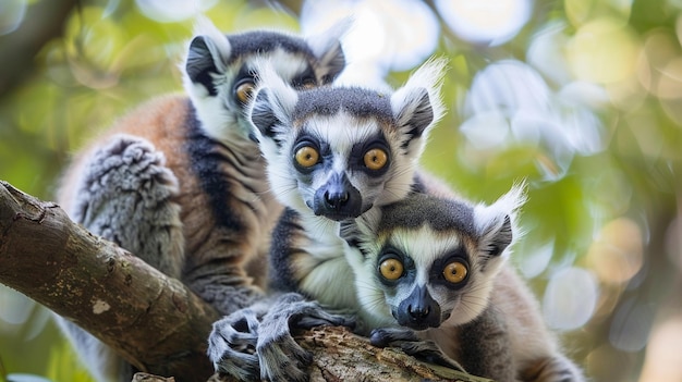 Zdjęcie rodzina lemurów z pierścieniowym ogonem lemur catta na gałęzi drzewa w lesie