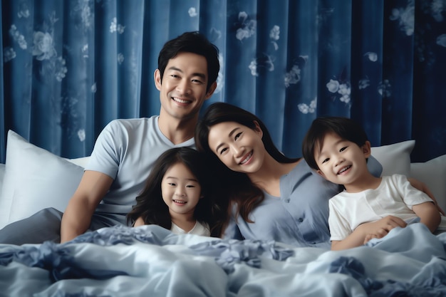 Zdjęcie rodzina leży w łóżku, uśmiecha się i patrzy w kamerę.