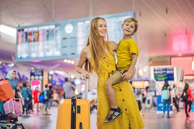 Rodzina na lotnisku przed lotem Matka i syn czekają na wejście na pokład przy bramce odlotowej nowoczesnego terminalu międzynarodowego Podróżowanie i latanie z dziećmi Mama z dzieckiem na pokład samolotu żółty wygląd rodziny