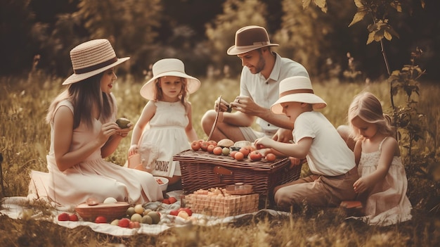 Rodzina na pikniku na trawie uwielbia wycieczki kempingowe rodzice dzieci wakacje Generacyjna sztuczna inteligencja