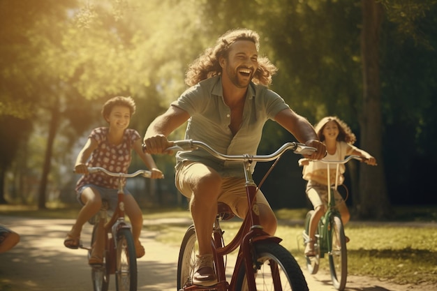 Zdjęcie rodzina na rowerze w tandemie po zalanym słońcem str. 00313 00