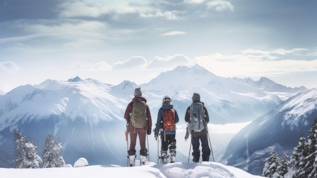 Rodzina narciarzy patrzy na pokryte śniegiem góry w ośrodku narciarskim podczas wakacji i zimy