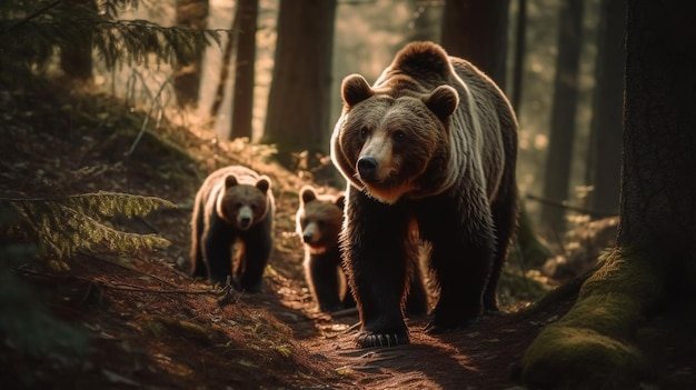 Rodzina niedźwiedzi spaceruje po lesie ze swoimi młodymi.
