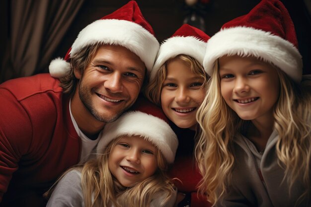 Rodzina nosząca czapki Świętego Mikołaja w domu na tle Bożego Narodzenia