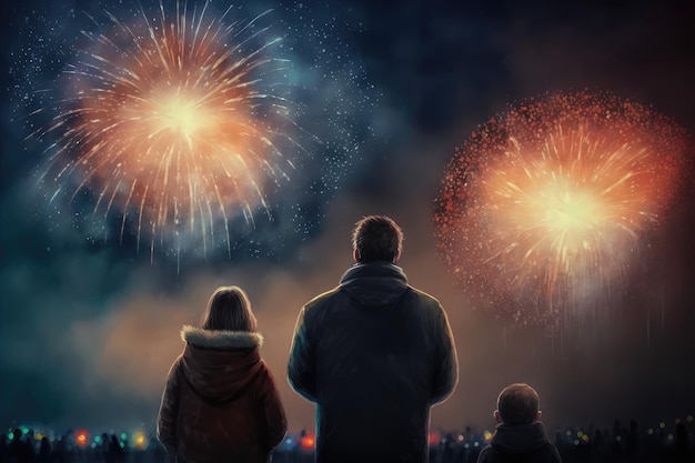 Rodzina ogląda fajerwerki i świętuje szczęśliwego nowego roku