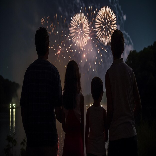 Rodzina ogląda fajerwerki w nocy ze słowem fajerwerki po lewej stronie.
