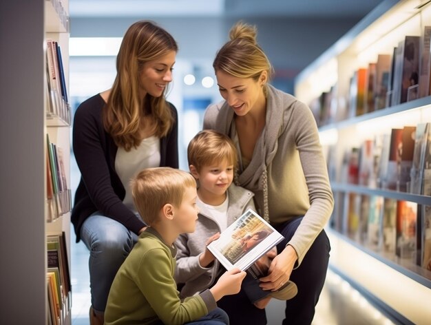 Rodzina ogląda książki w bibliotece