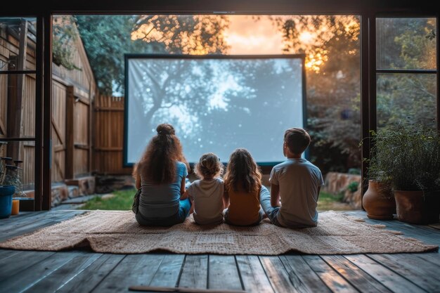 Zdjęcie rodzina ogląda projektor na ulicy w pobliżu domu filmy na podwórku